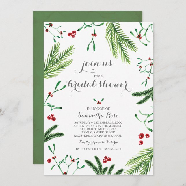 Modern Red and Green Christmas Bridal Shower Invitation (Front/Back)