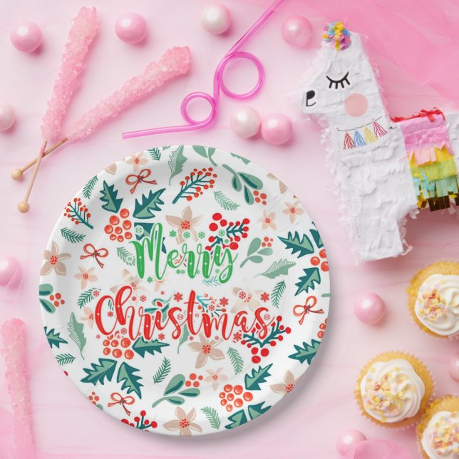 Modern Red and Green Christmas Tree Party Paper Plate (Party)