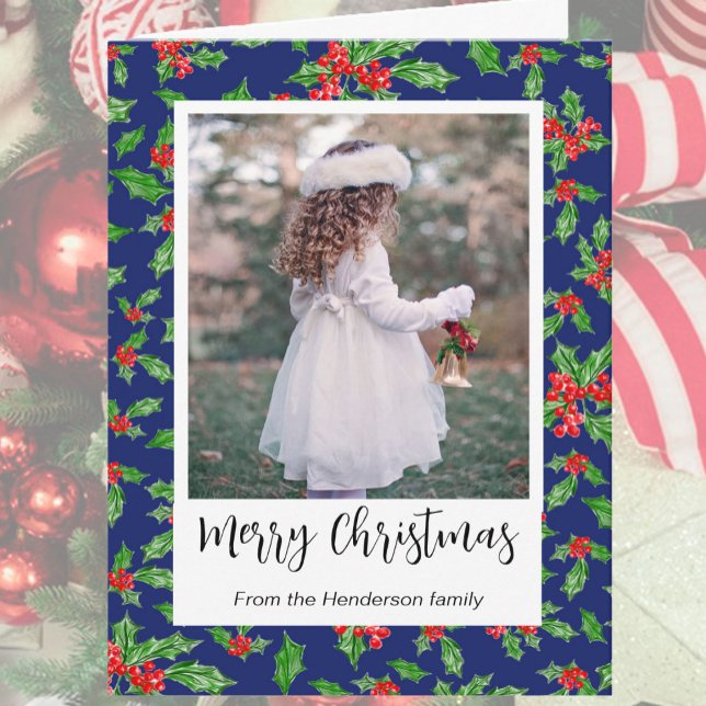 Modern Red And Green Holly Merry Christmas Photo Holiday Card (Creator Uploaded)