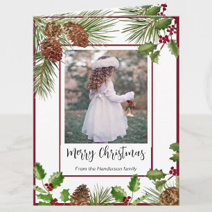 Modern Red And Green Holly Merry Christmas Photo Holiday Card