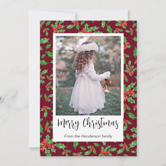 Modern Red And Green Holly Merry Christmas Photo Holiday Card (Front)