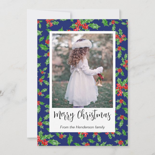 Modern Red And Green Holly Merry Christmas Photo Holiday Card (Front)