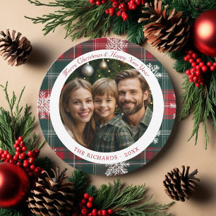 Modern Red and Green plaid Snowflakes Holiday Card