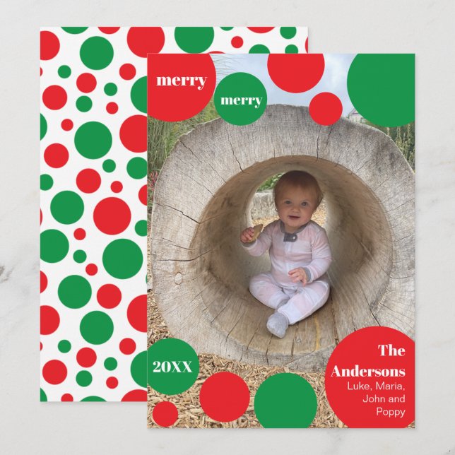 Modern Red and Green Polka Dot Photo Holiday Card (Front/Back)