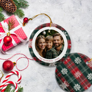 Modern Red and Green Snowflakes Photo  Ceramic Tree Decoration