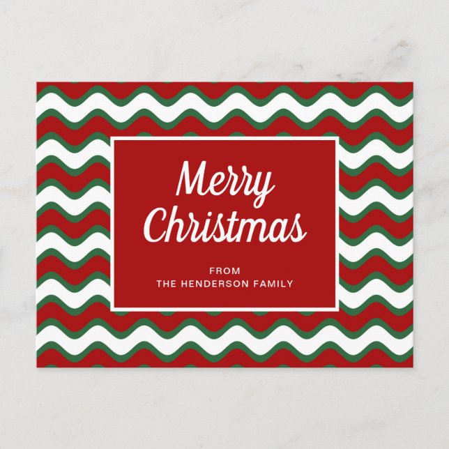 Modern Red And Green Stripes Christmas Postcard (Front)