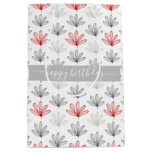 Modern Red and Grey Floral Pattern Birthday Medium Gift Bag