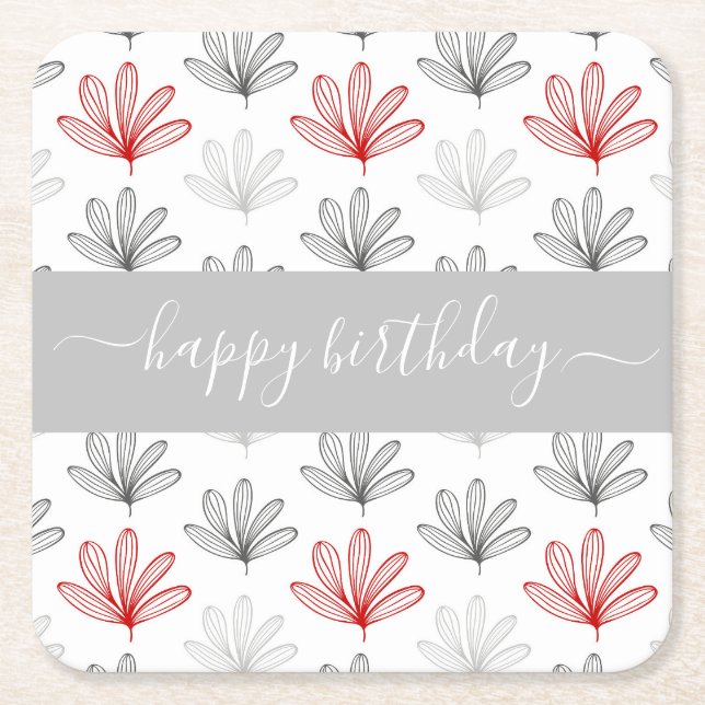 Modern Red and Grey Floral  Pattern Birthday Square Paper Coaster (Front)