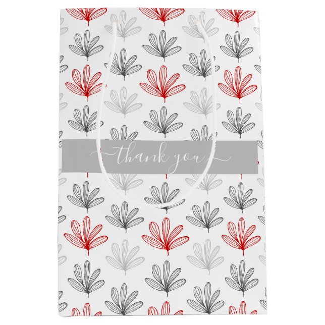 Modern Red and Grey Floral  Pattern Thank You Medium Gift Bag (Front)