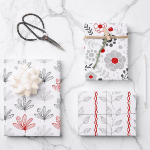 Modern Red and Grey Floral Trio Wrapping Paper Sheet