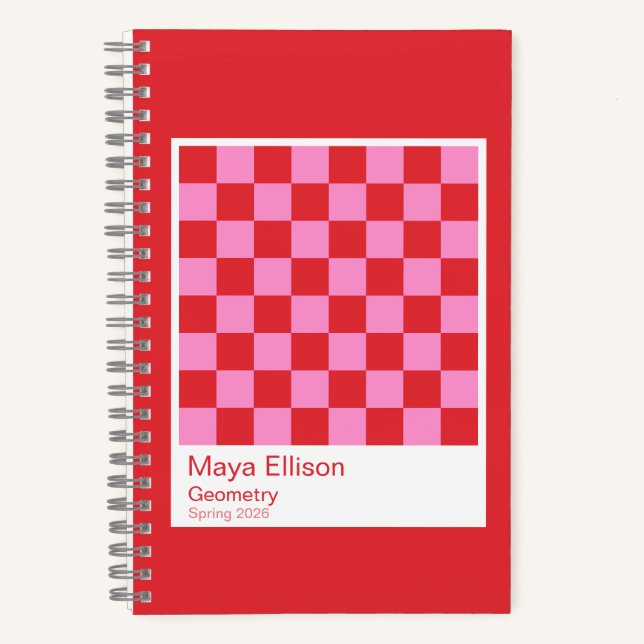 Modern Red and Pink Checkerboard Notebook (Front)