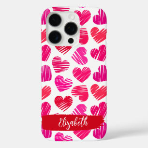 Modern Red and Pink Doodled Hearts Valentine Name  iPhone 16 Pro Case