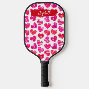 Modern Red and Pink Doodled Hearts Valentine Name Pickleball Paddle