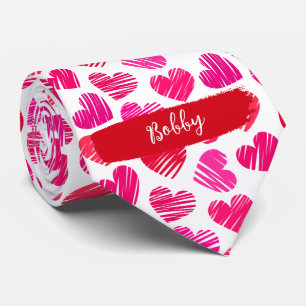 Modern Red and Pink Doodled Hearts Valentine Name  Tie