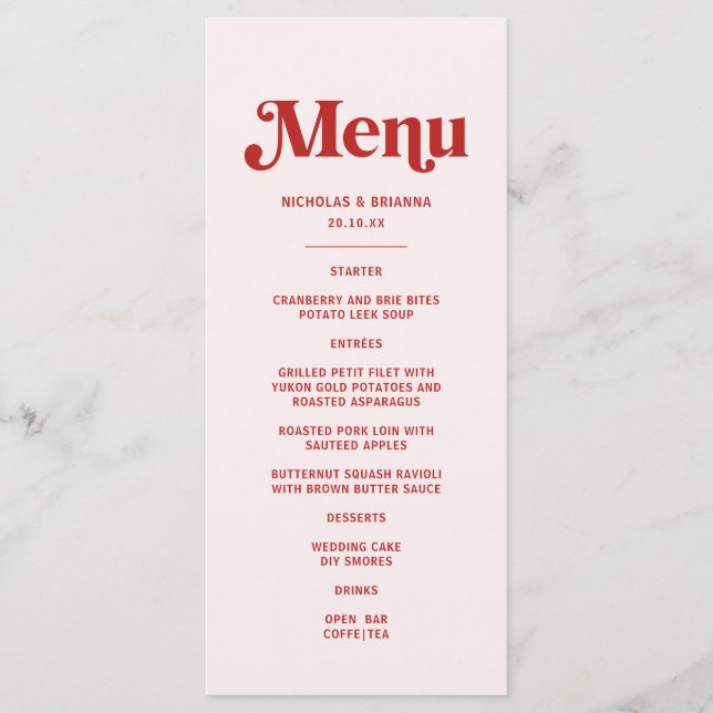 Modern Red and Pink Wedding Theme Menu (Front)