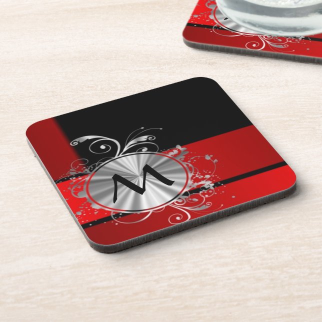 Modern red and silver monogram coaster (Left Side)