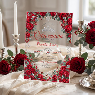 Modern Red and Silver Roses Quinceañera Acrylic Invitations