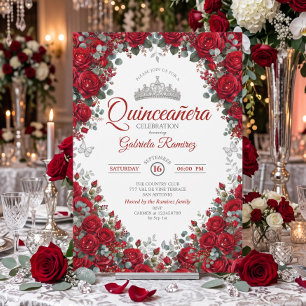 Modern Red and Silver Roses Quinceañera Invitation