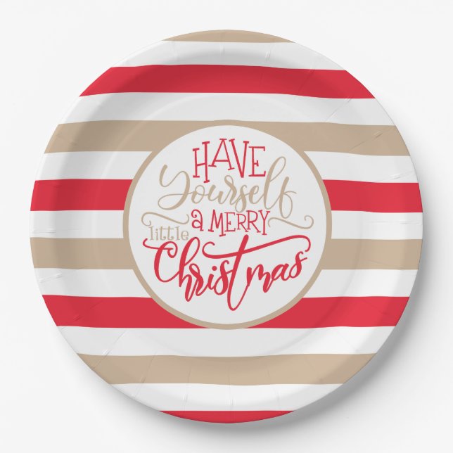 Modern Red and Tan Merry Christmas Striped  Paper Plate (Front)