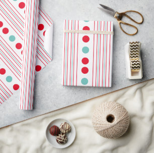 Modern Red and Teal Polka Dots and Stripes Wrapping Paper
