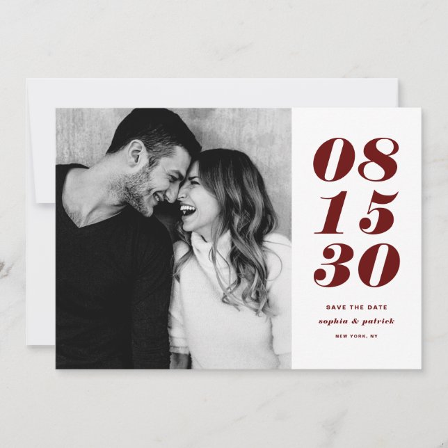Modern Red and White Bold Date Typography Photo Save The Date (Front)
