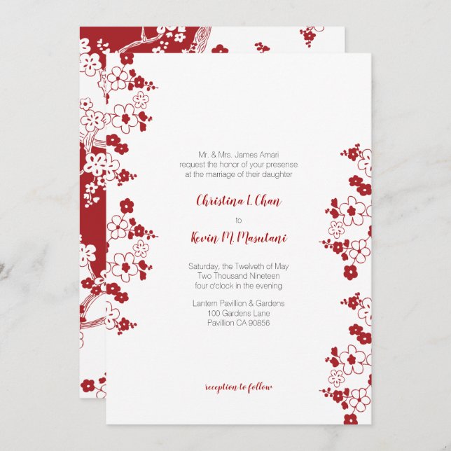 Modern Red and White Cherry Blossom Wedding Invitation (Front/Back)