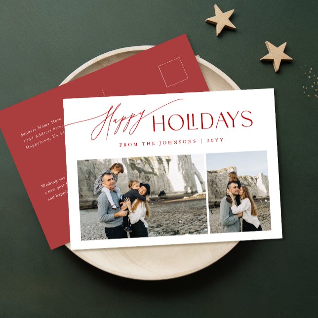 Modern Red and White Family Photo Christmas Holiday Postcard (Creator Uploaded)