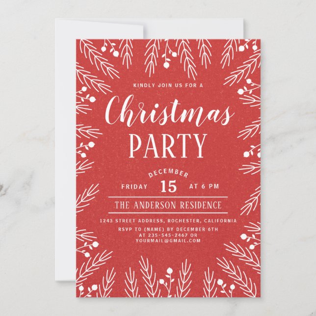 Modern Red and White Floral Christmas Party Invitation (Front)