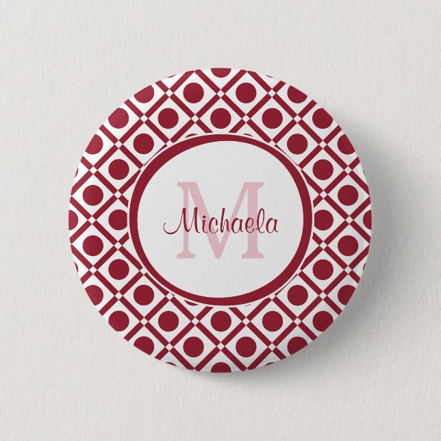 Modern Red and White Geometric Monogram and Name 6 Cm Round Badge (Front)