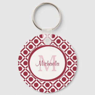 Modern Red and White Geometric Monogram and Name Key Ring