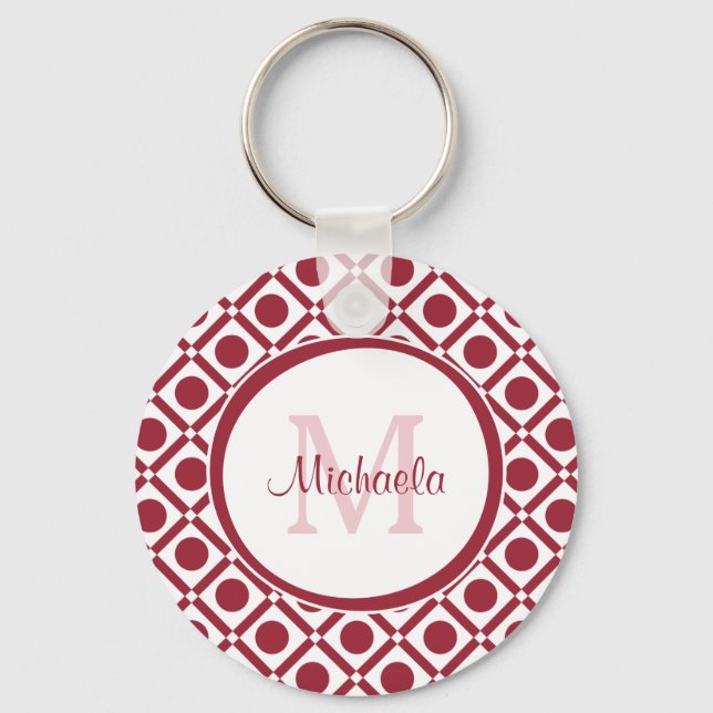 Modern Red and White Geometric Monogram and Name Key Ring (Front)
