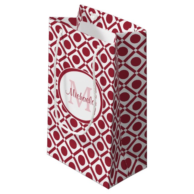 Modern Red and White Geometric Monogram and Name Small Gift Bag (Front Angled)
