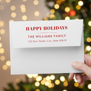 Modern Red and White Happy Holidays Return Address Envelope