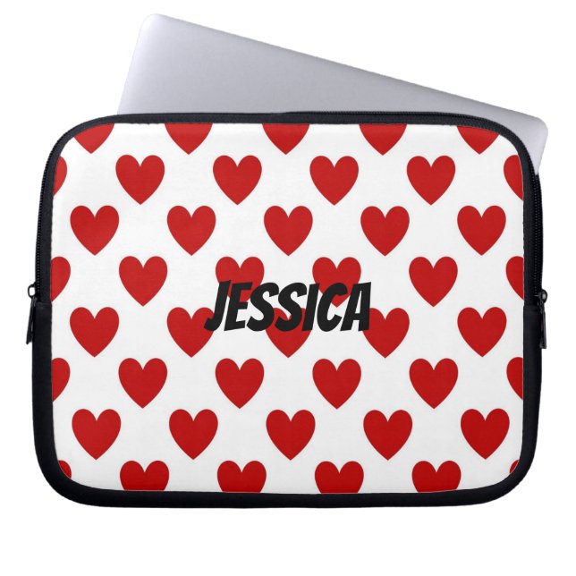 Modern Red and White Hearts Pattern Personalised Laptop Sleeve (Front)
