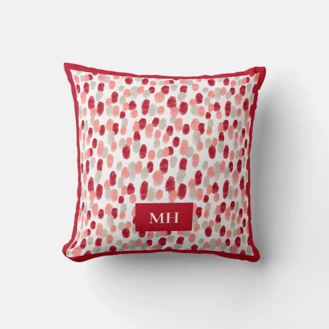 Modern Red and White Pattern Initials Monogram Cushion (Front)