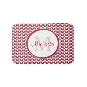 Modern Red and White Scallops Monogram and Name Bath Mat