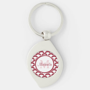 Modern Red and White Scallops Monogram and Name Key Ring