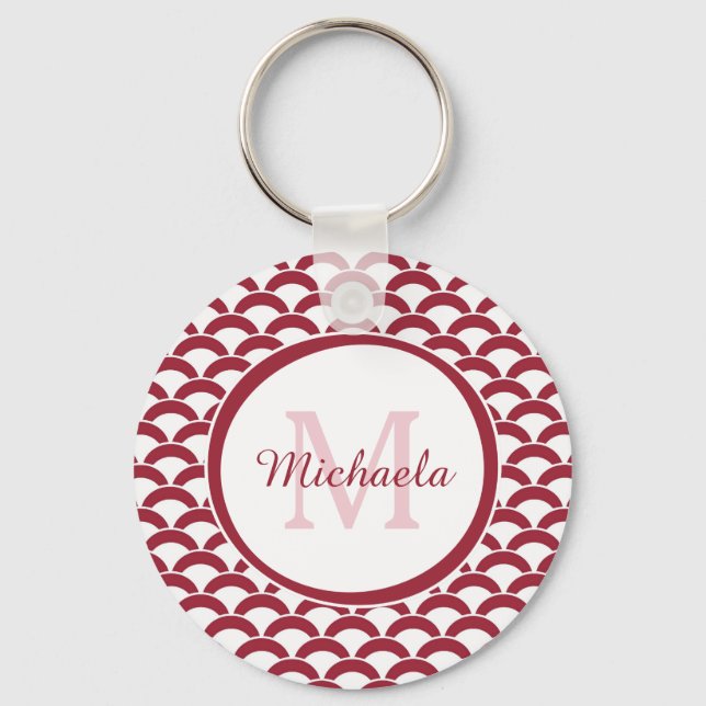 Modern Red and White Scallops Monogram and Name Key Ring (Front)