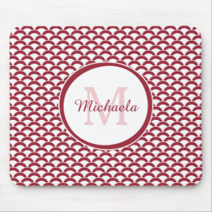 Modern Red and White Scallops Monogram and Name Mouse Pad