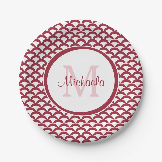 Modern Red and White Scallops Monogram and Name Paper Plate (Front)