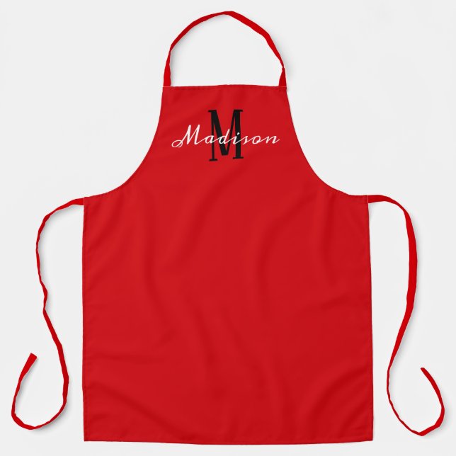 Modern Red and White Script Monogram Personalised Apron (Front)