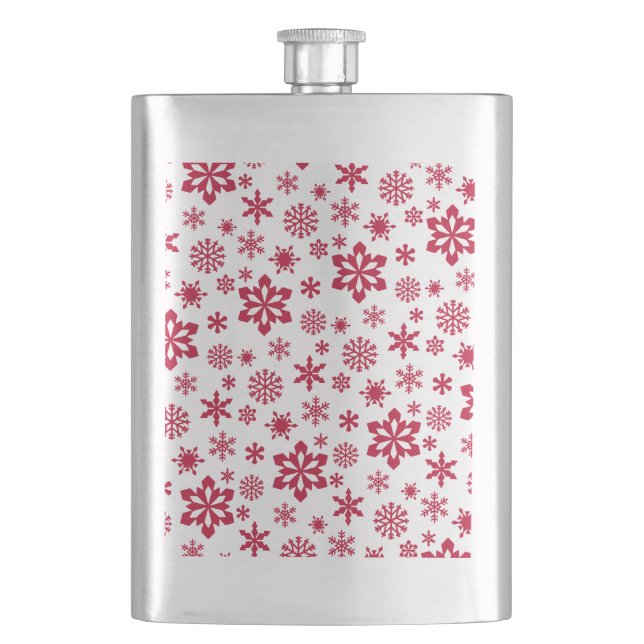 Modern red and white snowflake pattern hip flask (Front)