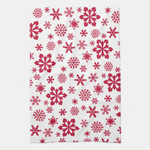 Modern red and white snowflake pattern tea towel