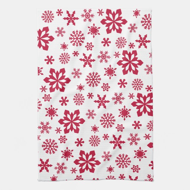 Modern red and white snowflake pattern tea towel (Vertical)