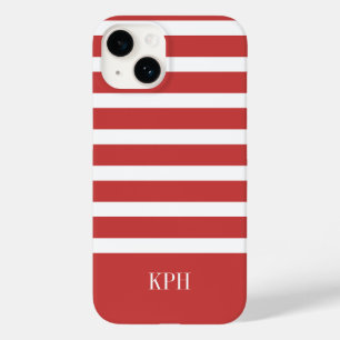 Modern Red and White Stripe with Monogram  Case-Mate iPhone 14 Case