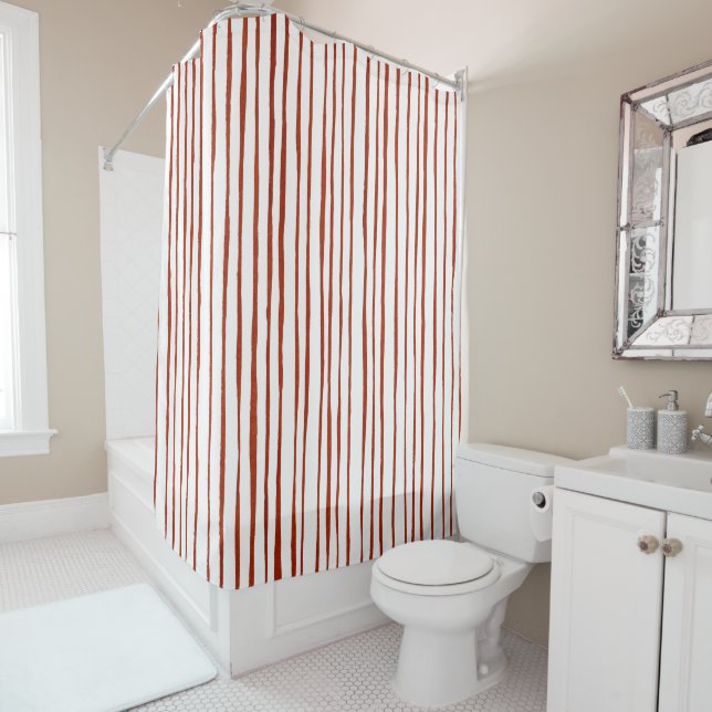 Modern Red and White Stripes Shower Curtain (In Situ)