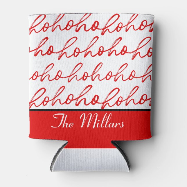 Modern Red and white Text Christmas Pattern  Can Cooler (Front)