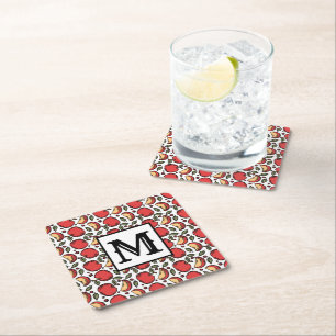 Modern Red Apple Pattern Monogram Square Paper Coaster