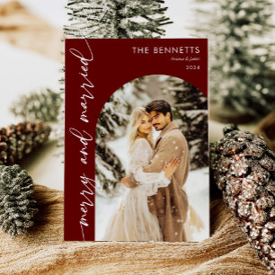 Modern Red Arch Photo Newlyweds Merry & Married  Holiday Card