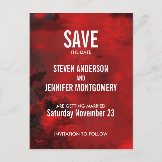 Modern Red Artistic Abstract Wedding Save The Date Postcard (Front)